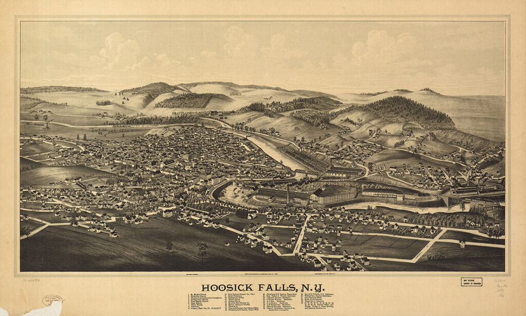 Perspective map of Hoosick Falls from 1889 by L.R. Burleigh with a list of landmarks